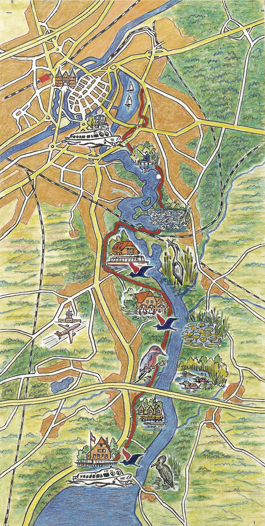 Lübeck Wakenitz Schifffahrt Karte Cartoon